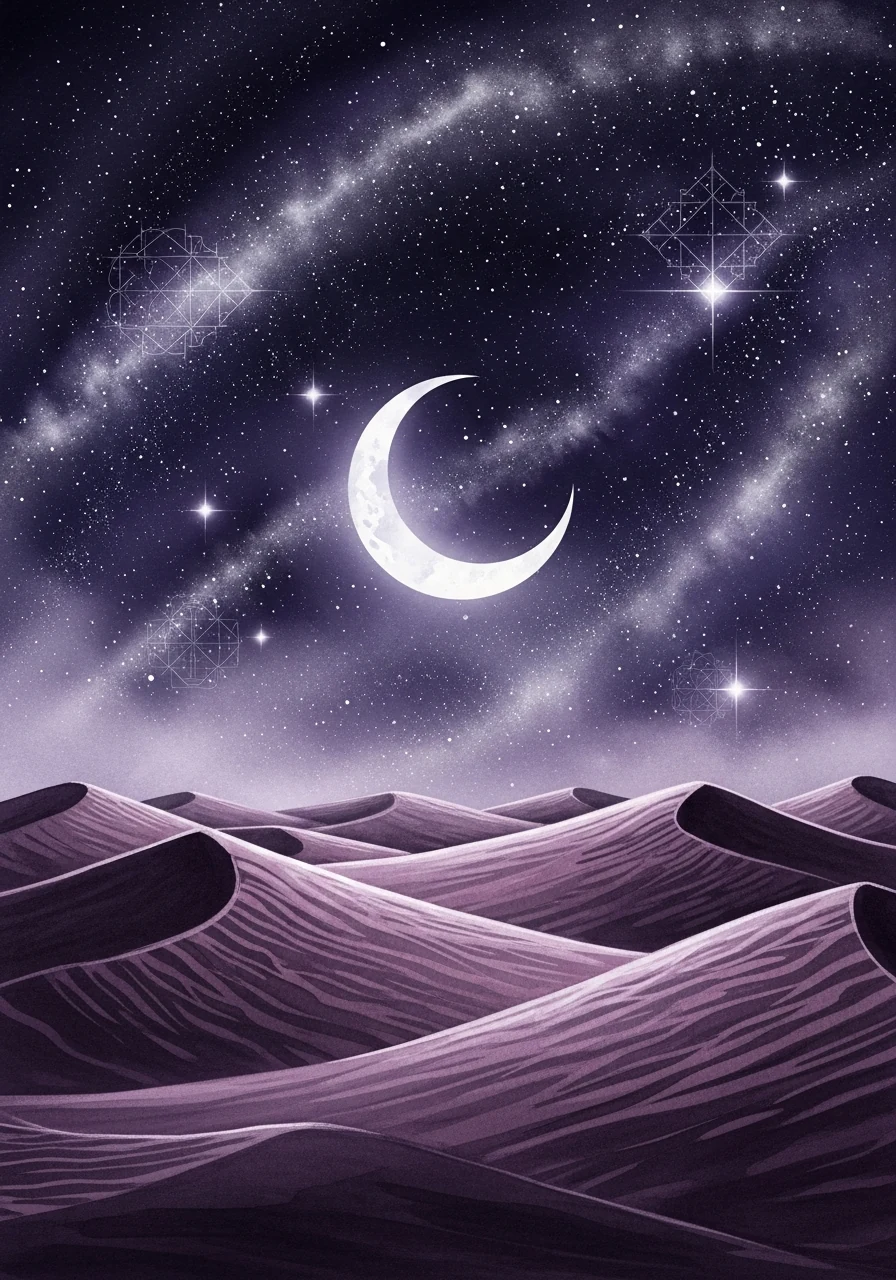 A cosmic watercolor moonscape with purple dunes and a crescent moon radiating light