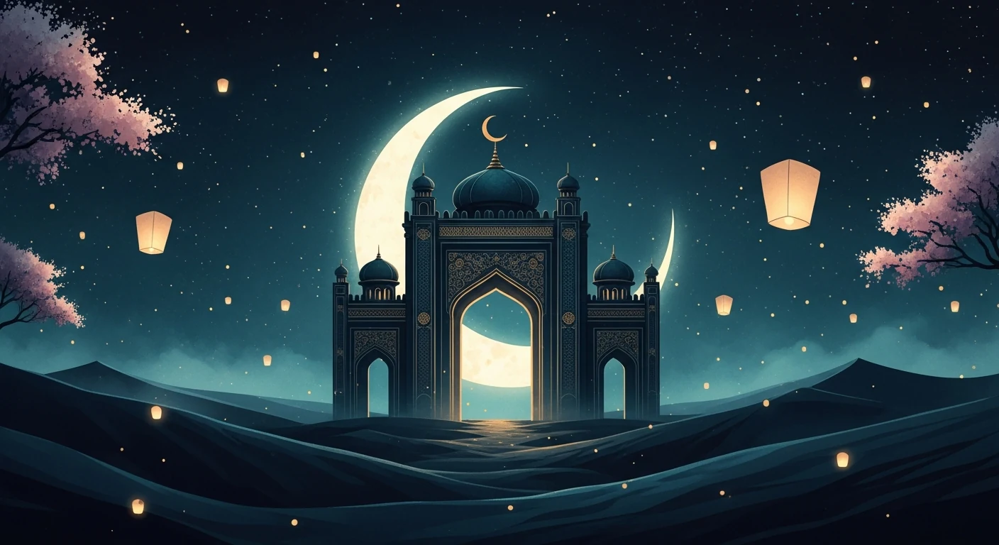 A mystical moonlit gate beneath a crescent moon, lanterns and blossoms hanging in the night sky