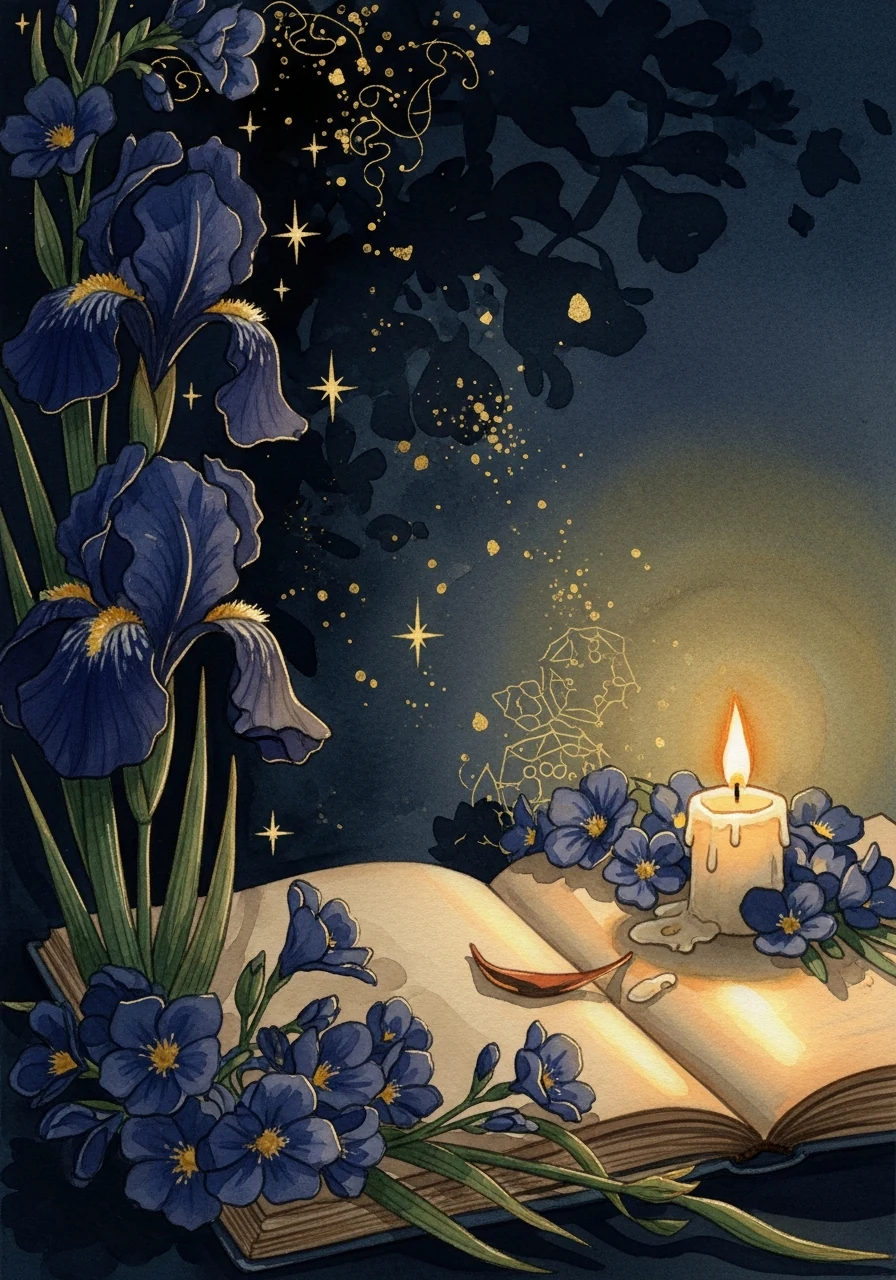 Mystical dark irises and gold stars framing a watercolor page