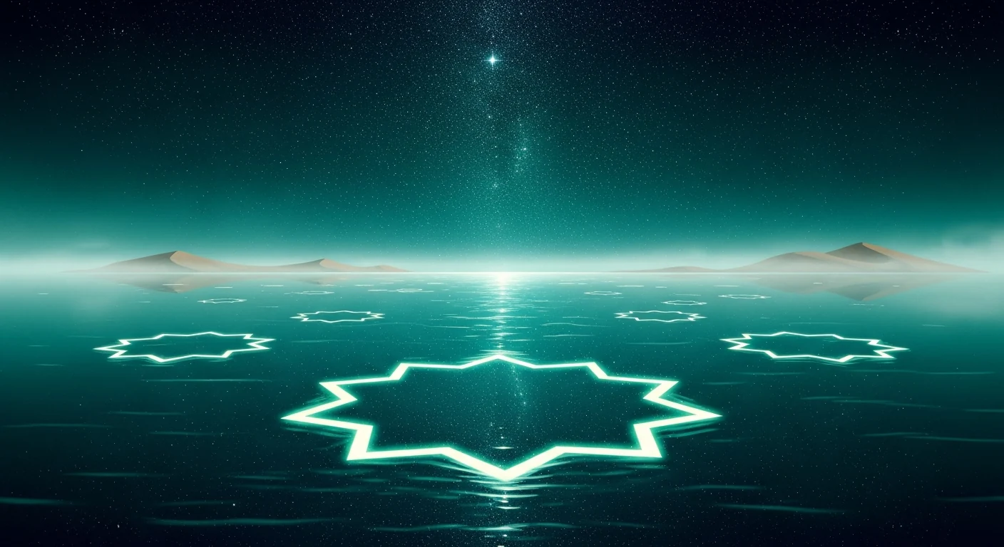 A mystical teal ocean with glowing geometric stars beneath the surface, like a cosmic Dune seascape