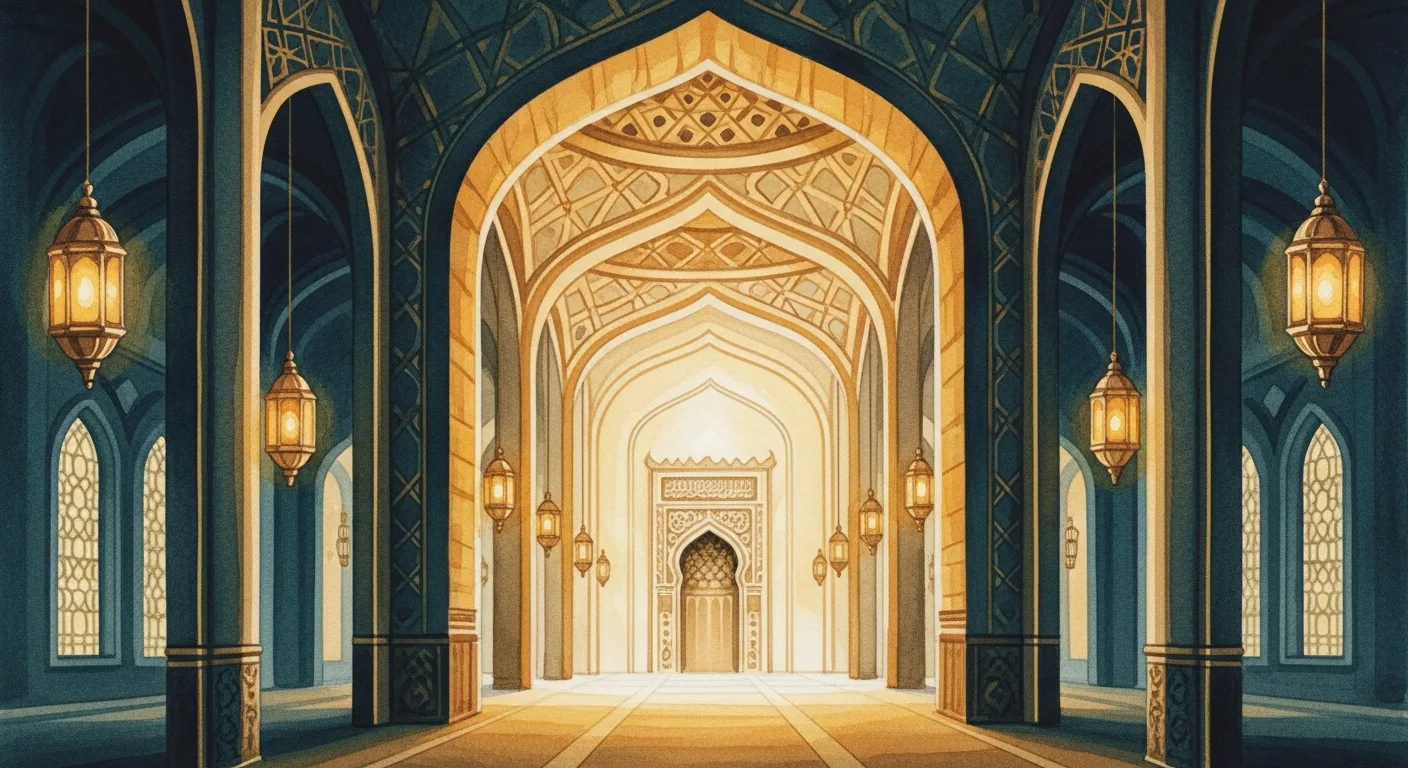 The luxurious interior of a grand mosque with golden arches