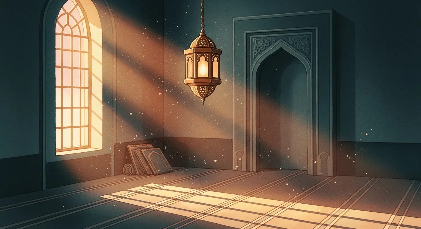 A serene mosque prayer hall at dawn with soft light
