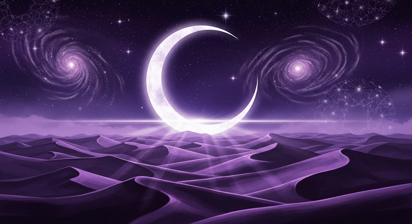 A cosmic watercolor moonscape with purple dunes and a crescent moon radiating light across a starry sky